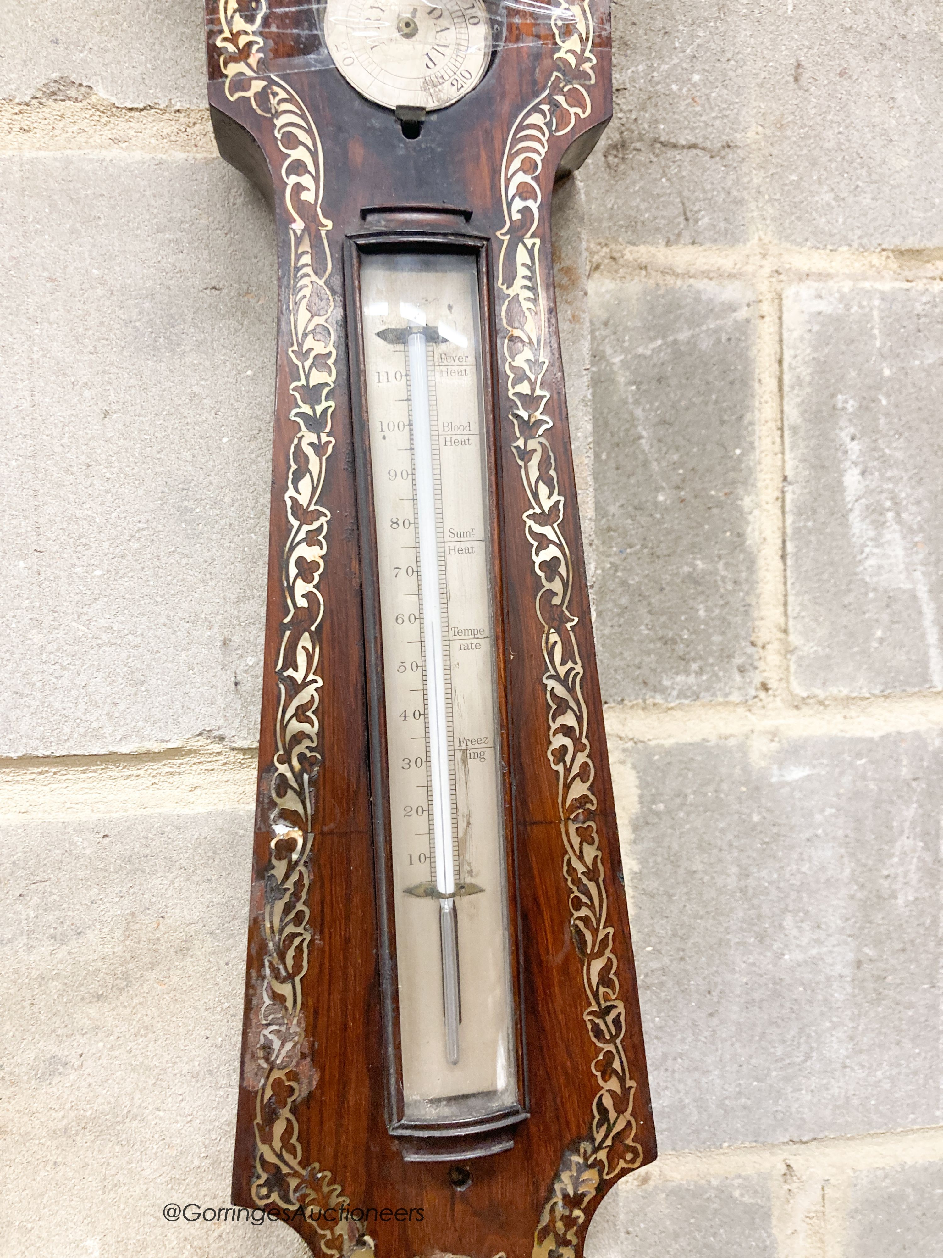 A Victorian mother of pearl inlaid rosewood barometer, height 110cm